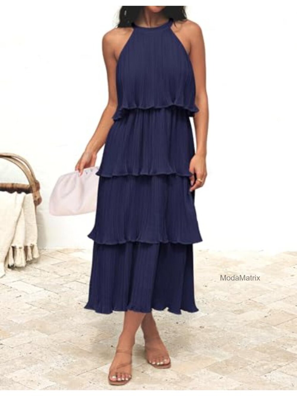 Chiffon Halter Ruffle Midi Dress Sleeveless Back Tie Tiered Formal Wedding Guest - Picture 3 of 6